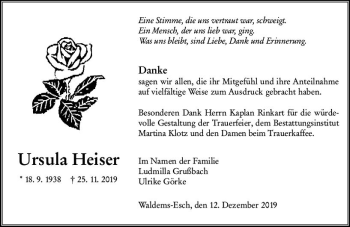 Traueranzeige von Ursula Heiser von  Camberger Anzeiger