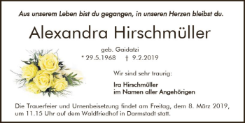 Traueranzeige von Alexandra Hirschmüller von vrm-trauer