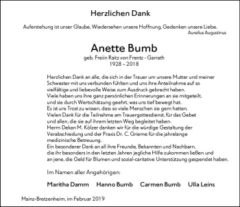 Traueranzeige von Anette Bumb von vrm-trauer