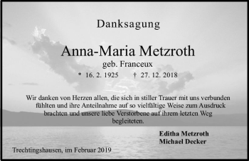 Traueranzeige von Anna-Maria Metzroth von vrm-trauer