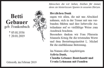 Traueranzeige von Betti Gebauer von vrm-trauer