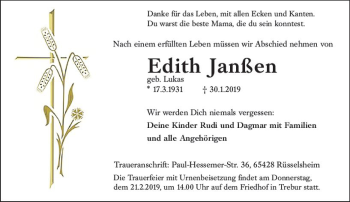 Traueranzeige von Edith Janßen von vrm-trauer