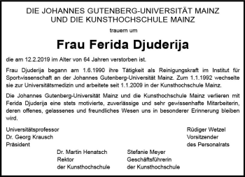 Traueranzeige von Ferida Djuderija von vrm-trauer