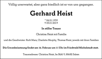 Traueranzeige von Gerhard Heist von vrm-trauer
