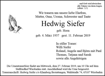 Traueranzeige von Hedwig Siefer von vrm-trauer