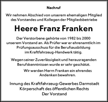 Traueranzeige von Heere Franz Franken von vrm-trauer