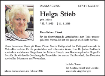 Traueranzeige von Helga Stieb von vrm-trauer