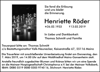 Traueranzeige von Henriette Röder von vrm-trauer