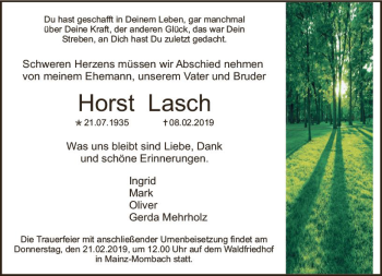 Traueranzeige von Horst Lasch von vrm-trauer
