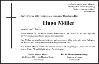 Traueranzeige von Hugo Möller von vrm-trauer