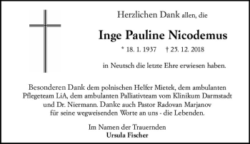 Traueranzeige von Inge Pauline Nicodemus von vrm-trauer