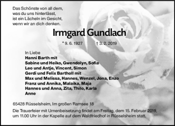 Traueranzeige von Irmgard Gundlach von vrm-trauer