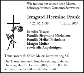 Traueranzeige von Irmgard Hermine Frank von vrm-trauer