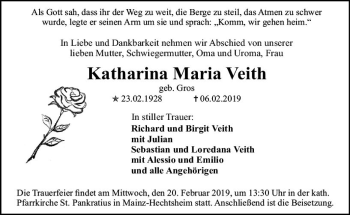 Traueranzeige von Katharina Maria Veith von vrm-trauer