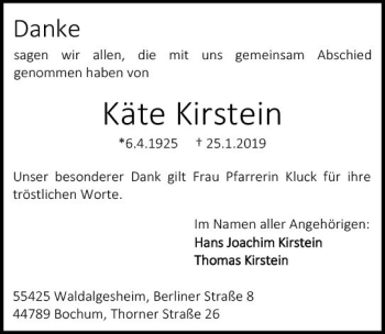 Traueranzeige von Käte Kirstein von vrm-trauer