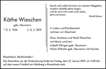 Traueranzeige von Käthe Wieschen von vrm-trauer
