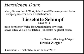 Traueranzeige von Lieselotte Schimpf von vrm-trauer