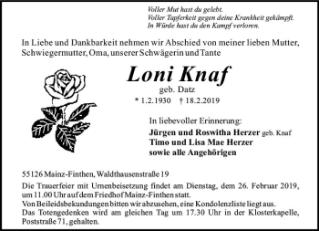 Traueranzeige von Loni Knaf von vrm-trauer