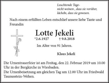 Traueranzeige von Lotte Jekeli von vrm-trauer