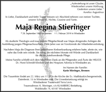 Traueranzeige von Maja Regina Stieringer von vrm-trauer