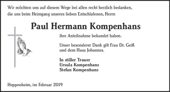 Traueranzeige von Paul Hermann Kompenhans von vrm-trauer