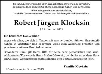 Traueranzeige von Robert Jürgen Klocksin von vrm-trauer
