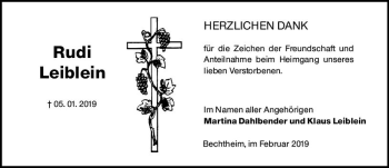 Traueranzeige von Rudi Leiblein von vrm-trauer