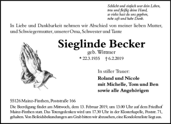 Traueranzeige von Sieglinde Becker von vrm-trauer
