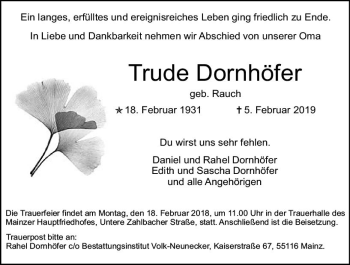 Traueranzeige von Trude Dornhöfer von vrm-trauer