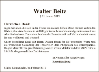 Traueranzeige von Walter Beitz von vrm-trauer