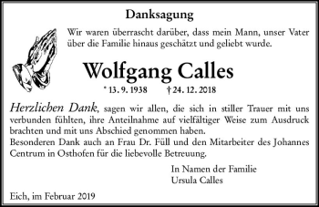 Traueranzeige von Wolfgang Calles von vrm-trauer
