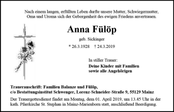 Traueranzeige von Anna Fülöp von vrm-trauer