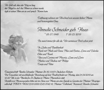 Traueranzeige von Annelie Schneider von vrm-trauer