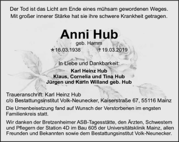 Traueranzeige von Anni Hub von vrm-trauer