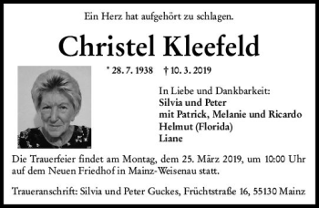Traueranzeige von Christel Kleefeld von vrm-trauer