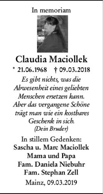 Traueranzeige von Claudia Maciollek von vrm-trauer