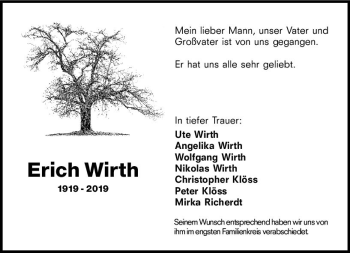 Traueranzeige von Erich Wirth von vrm-trauer