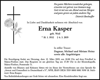 Traueranzeige von Erna Kasper von vrm-trauer