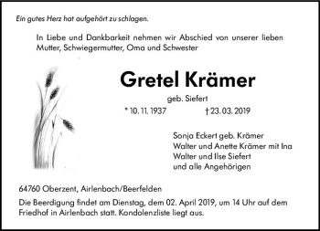 Traueranzeige von Gretel Krämer von vrm-trauer