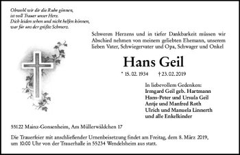Traueranzeige von Hans Geil von vrm-trauer