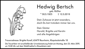 Traueranzeige von Hedwig Bertsch von vrm-trauer