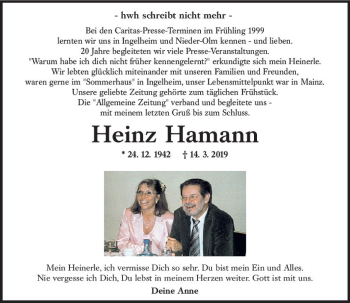 Traueranzeige von Heinz Hamann von vrm-trauer