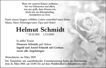 Traueranzeige von Helmut Schmidt von vrm-trauer