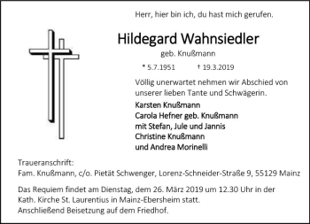 Traueranzeige von Hildegard Wahnsiedler von vrm-trauer