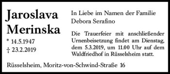 Traueranzeige von Jeroslava Merinska von vrm-trauer
