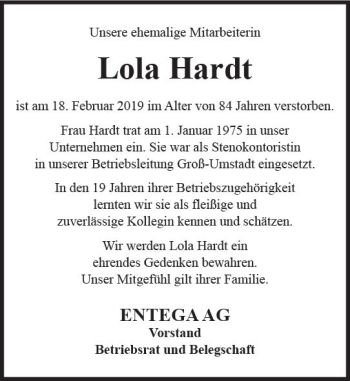 Traueranzeige von Lola Hardt von vrm-trauer