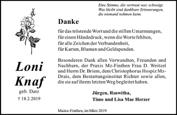 Traueranzeige von Loni Knaf von vrm-trauer