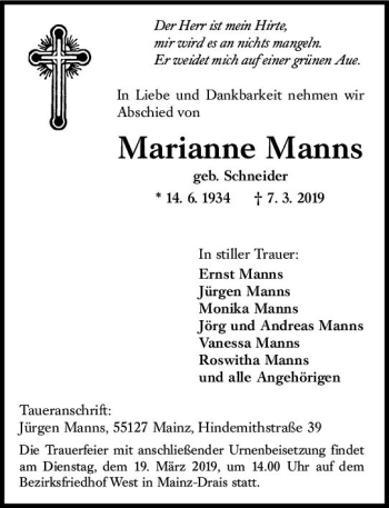 Traueranzeige von Marianne Manns von vrm-trauer