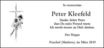 Traueranzeige von Peter Kleefeld von vrm-trauer