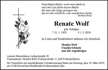 Traueranzeige von Renate Wolf von vrm-trauer